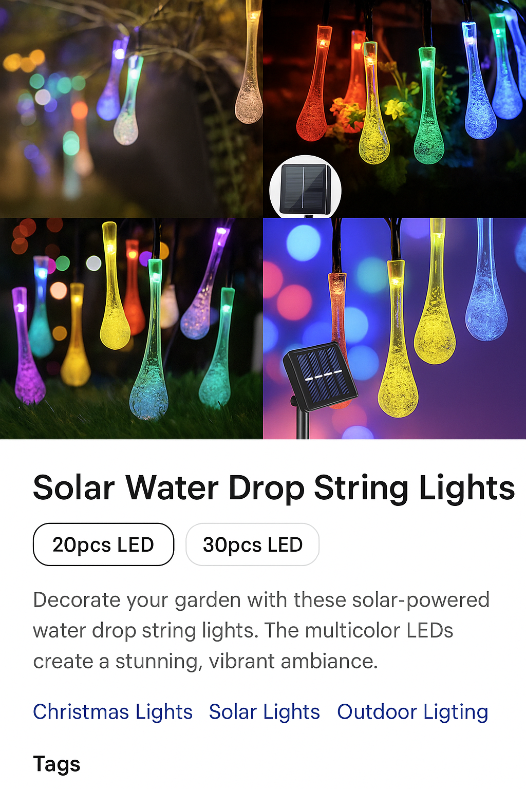 ✨ Solar-Powered Water Drop String Lights – Outdoor & Christmas Decoration (20pcs / 30pcs)