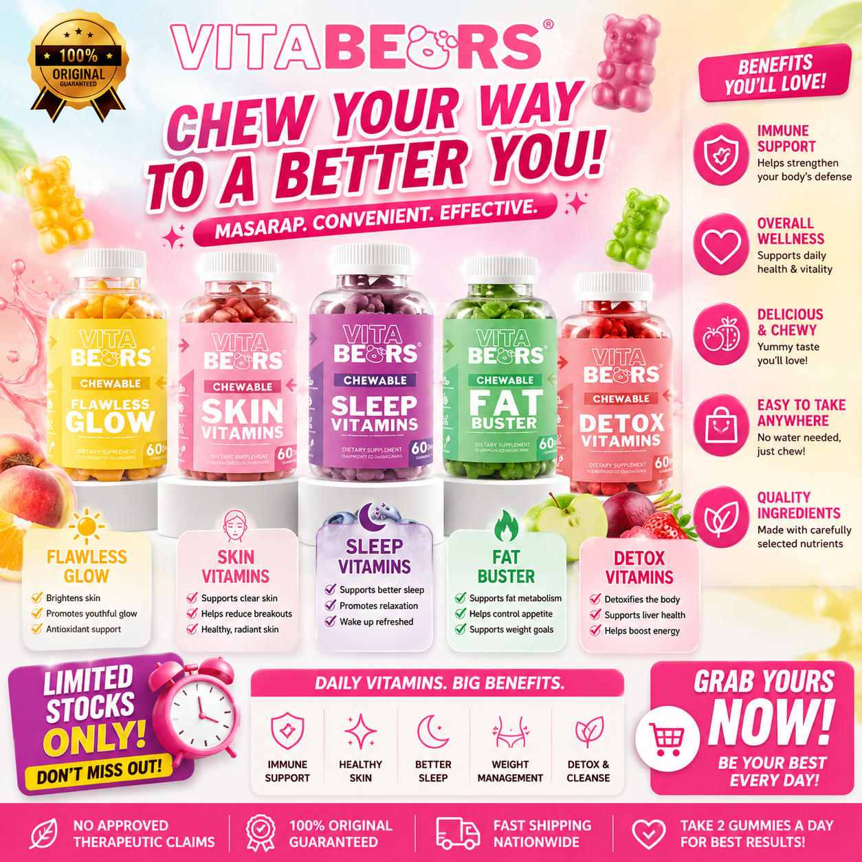 Vitabears Gummies - Sleep Vitamins, Detox Vitamins, Fat Buster, Skin Vitamins and Flawless Glow